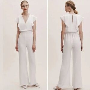 ML Monique Lhuillier Brady V-Neck Ruffle Bridal Wide Leg Crepe Jumpsuit size 4